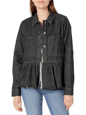 Mud Pie Womens L Banks Black Denim Peplum Jacket